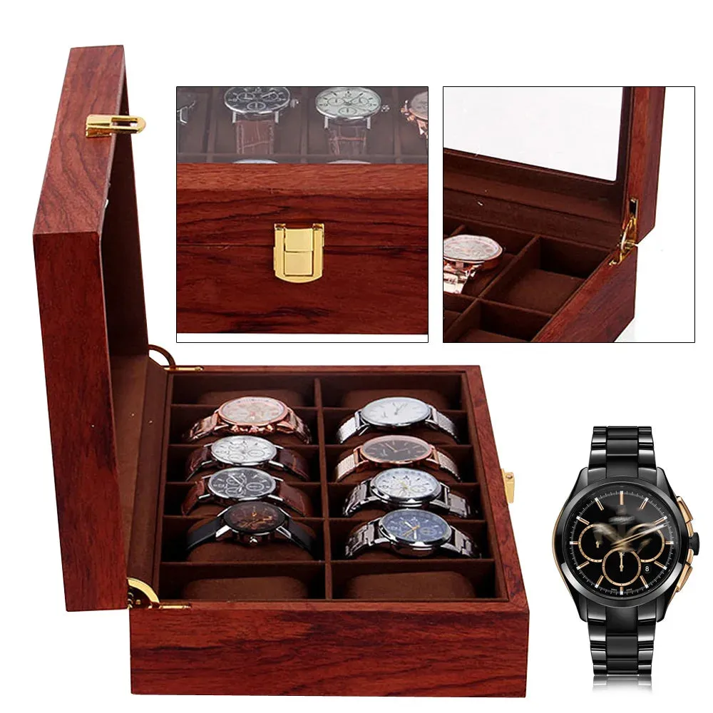 12-Slot Wooden Watch Box Organizer with Glass Lid and Velvet Lining for Storage