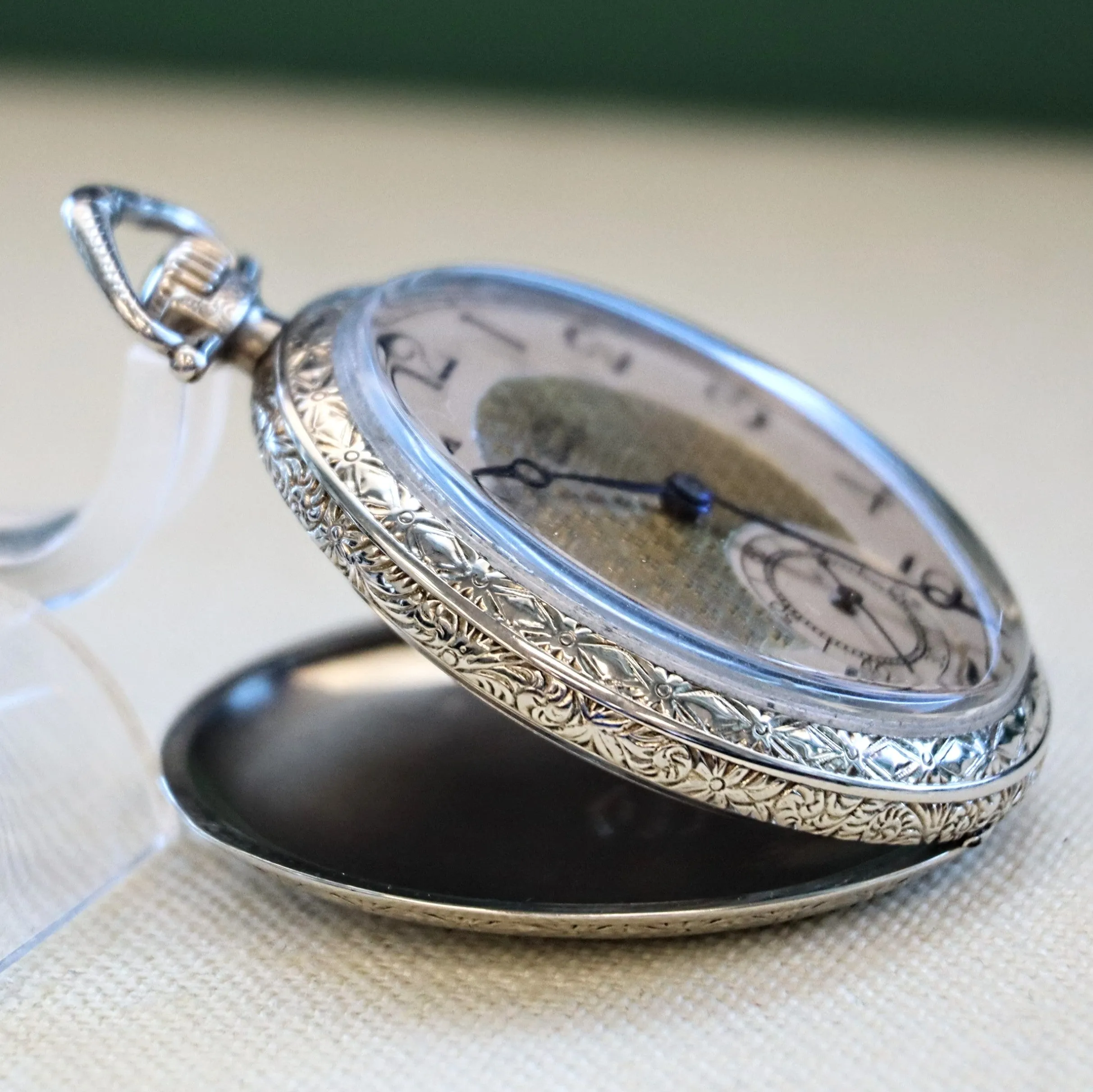 1916 DUBER - HAMPDEN Dress Pocket Watch Grade "The Minute Man" 17 Jewels 12s Openface Engraved Decorative 14K White G.F.
