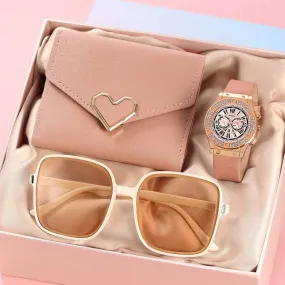 Casual Leather Quartz Wristwatch 3PCS Set for Women with Heart Bow Design Ladies' Glasses Sunglasses Clock