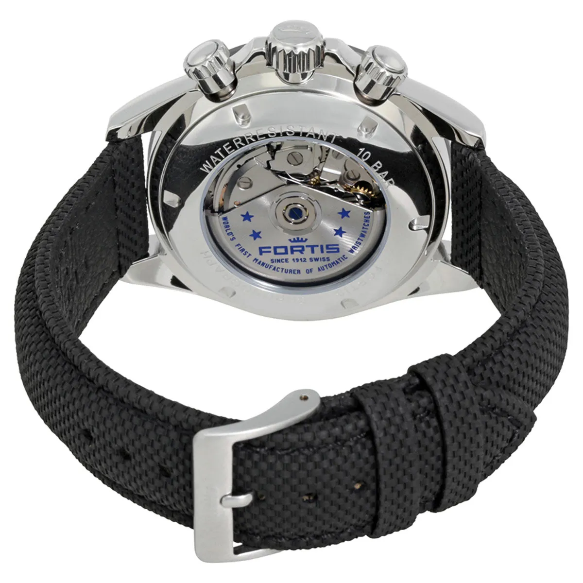 Fortis Stratoliner Automatic Chronograph Stainless Steel Black Dial Black Textile Strap Day/Date Mens Watch F2340001